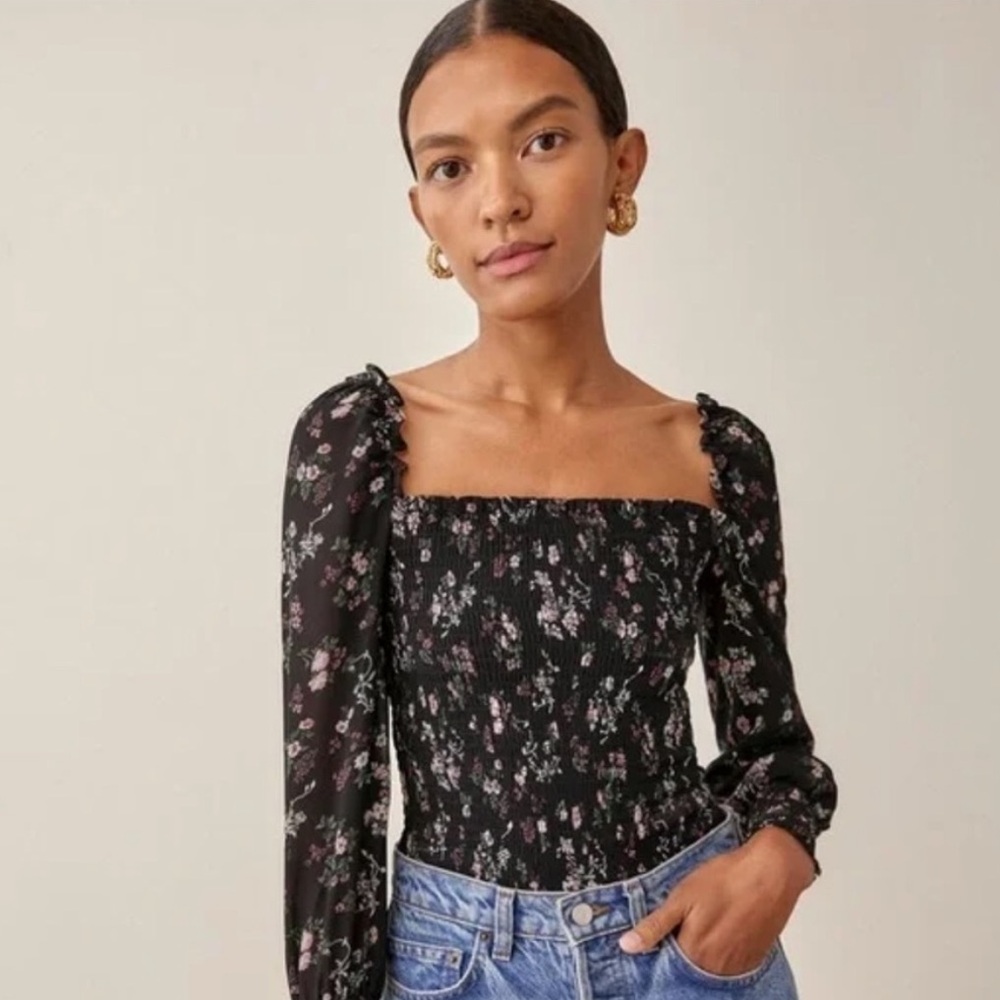 NWOT Reformation Pinto Smocked Long Sleeve Square Neck Shirt Jolene Floral XS